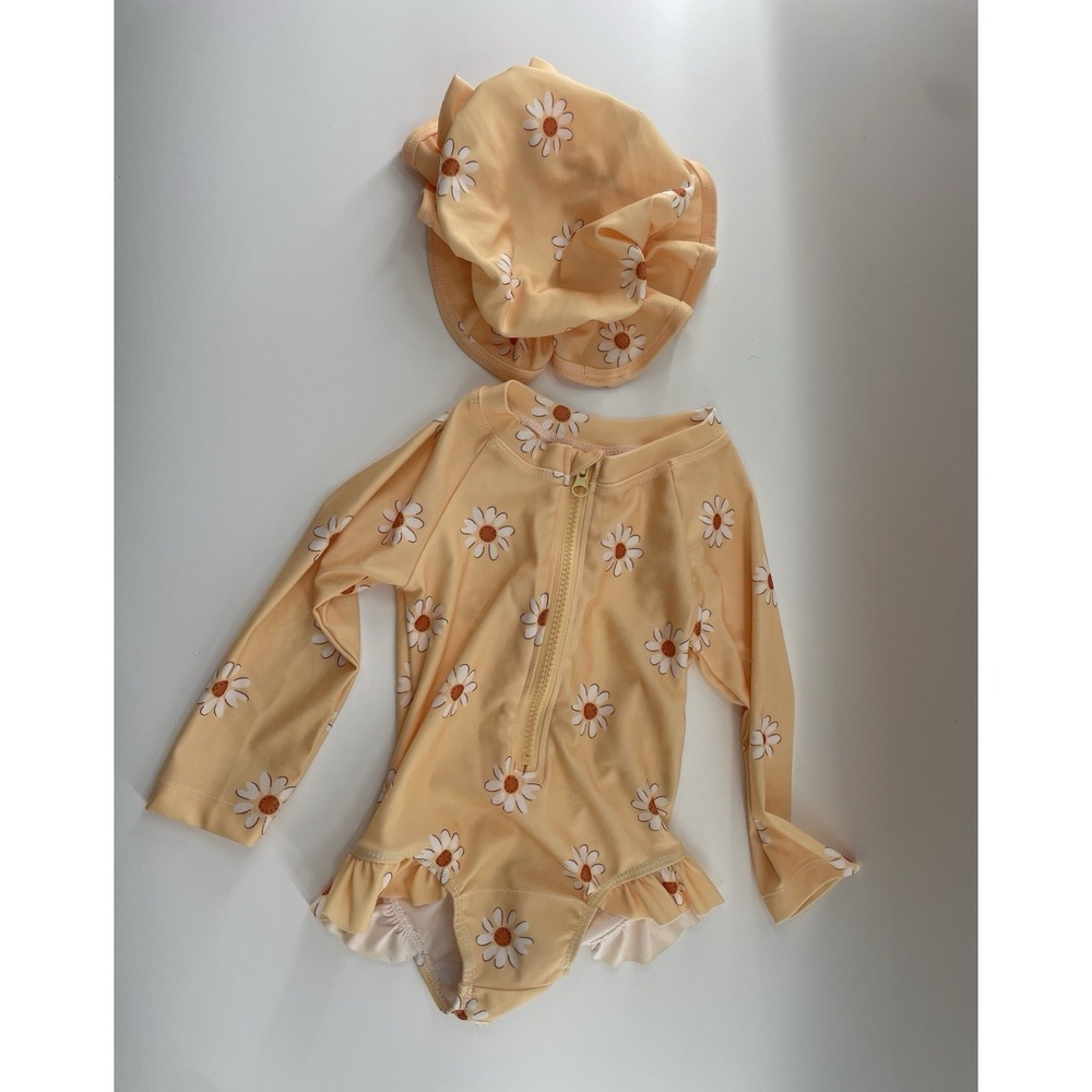 Baby One Piece Suit Orange Daisy Long Sleeve Swimsuit 12 Months And Hat - Picture 1 of 4